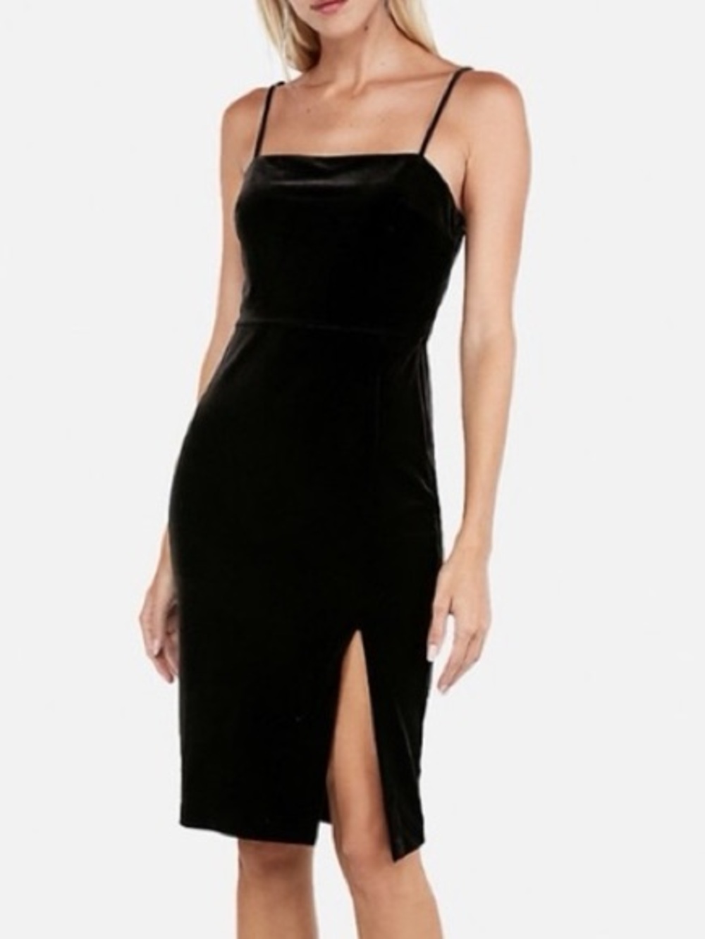 Express Black Velvet Spaghetti Strap Midi Dress with Front Slit